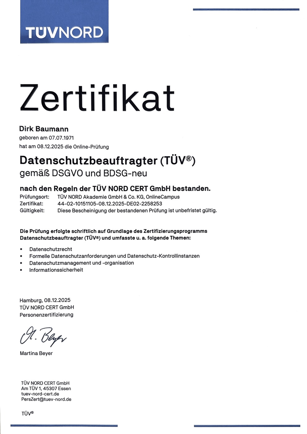 TÜV NORD CERT Datenschutzbeauftragter (TÜV®) gemäß DSGVO und BDSG-neu